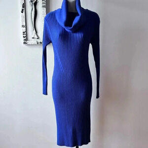Royal Blue Ribbed Cowl Neck Midi Long Sleeve Sweater Dress Size M/L